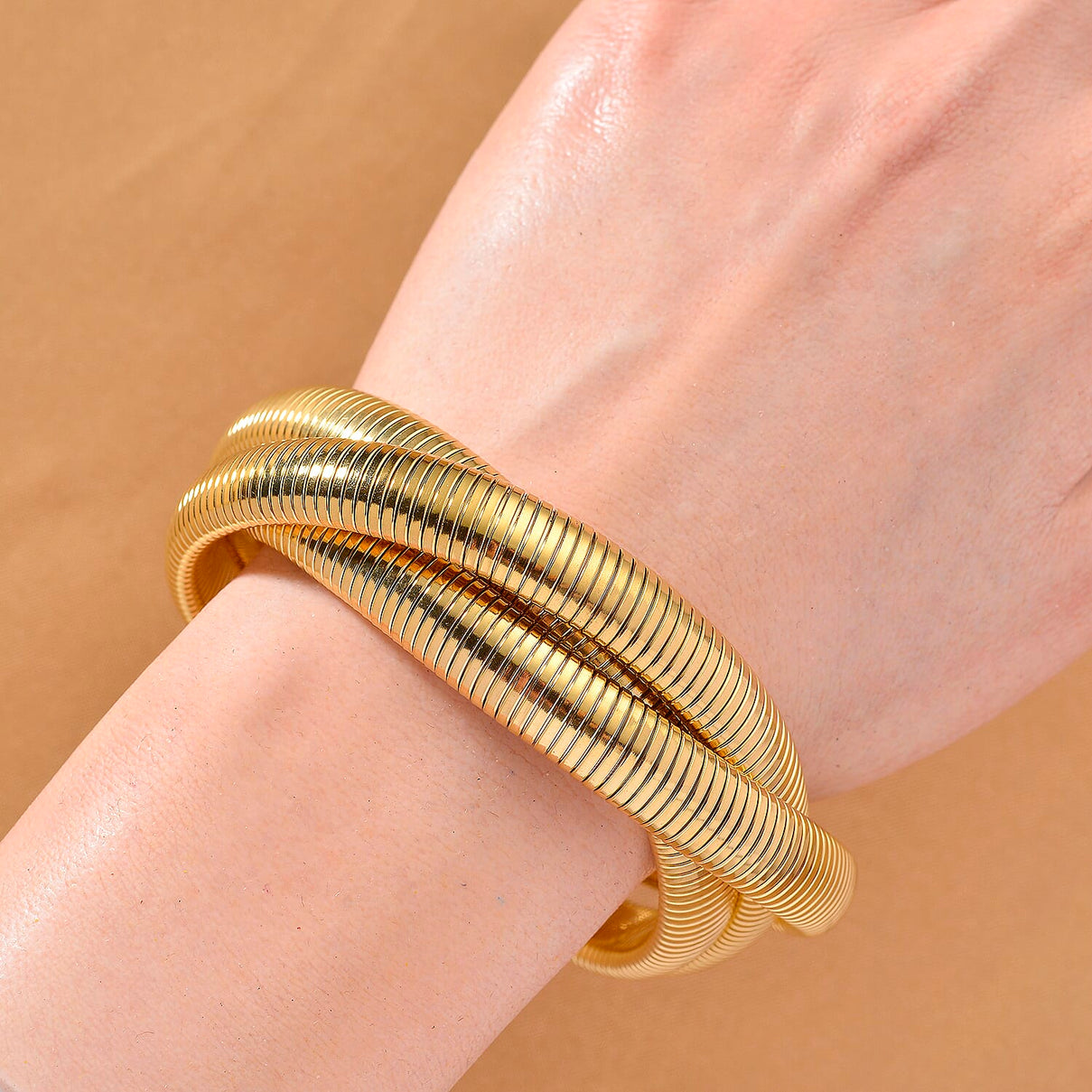 Designer Inspired - Triple Layer Bangle (Size 7.5 Stretchable) in Yellow Gold Tone 7998937 2