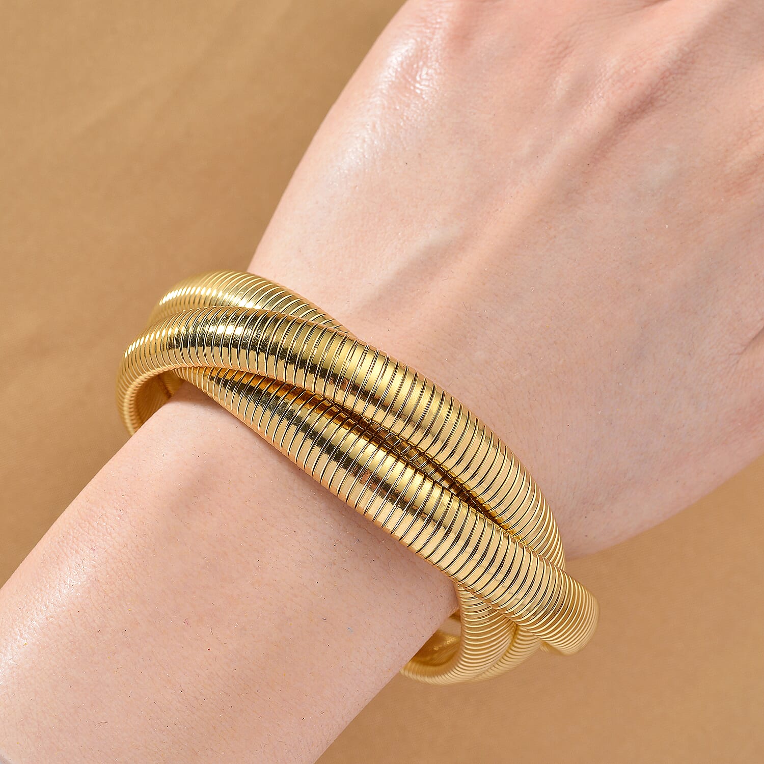 Designer Inspired - Triple Layer Bangle (Size 7.5 Stretchable) in Yellow Gold Tone 7998937 2