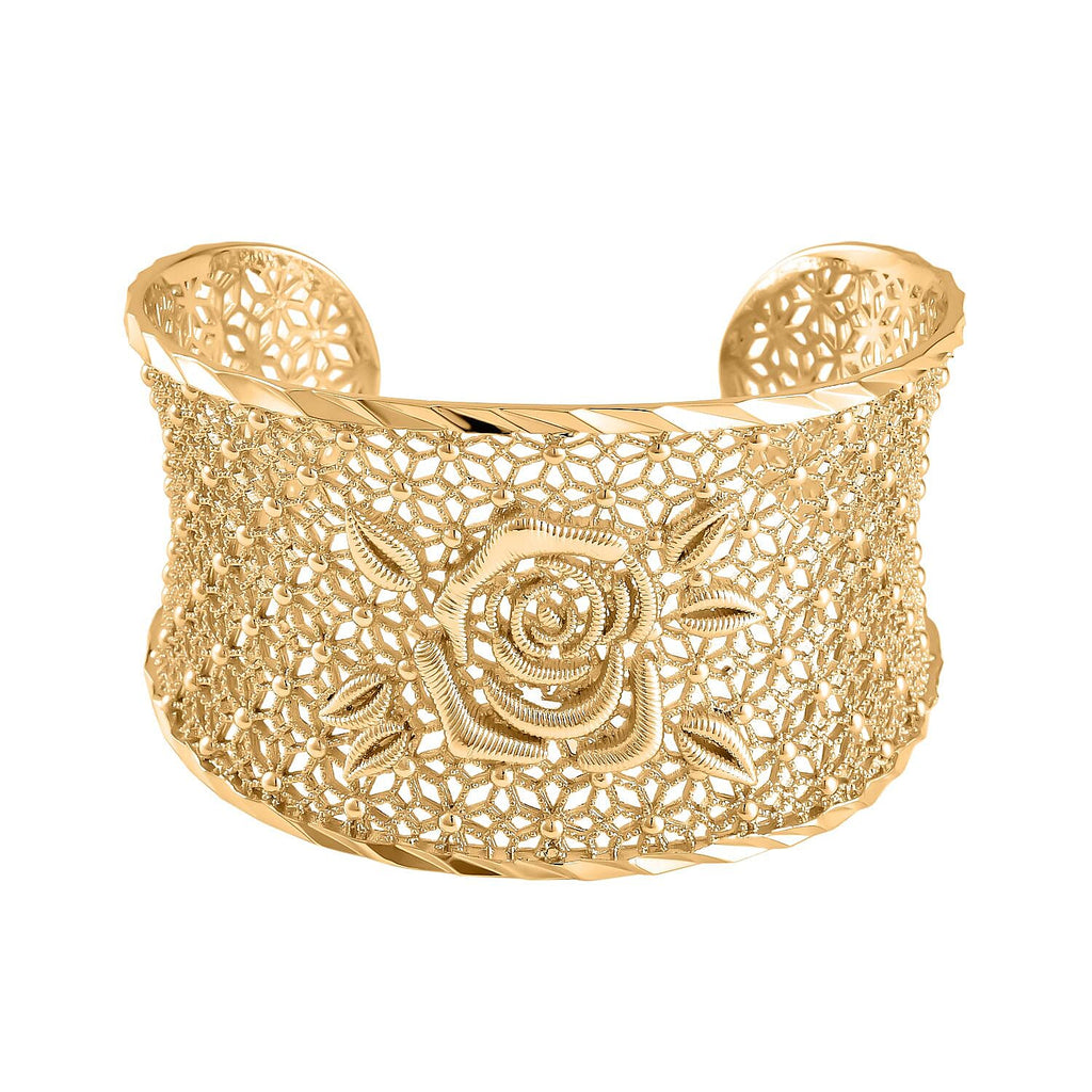 Rose Pattern Openable Bangle (Size 7.5 ) in Yellow Gold Tone