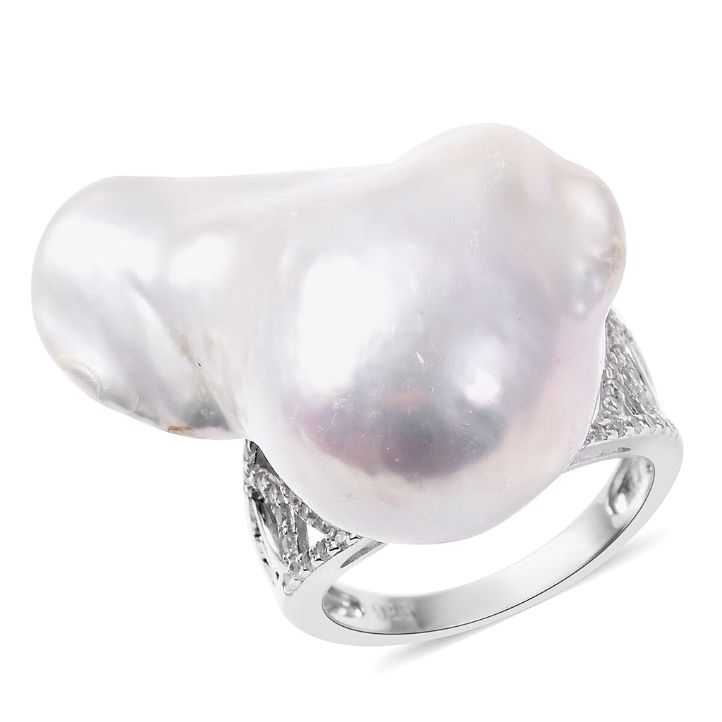 Baroque Pearl and Natural White Cambodian Zircon Ring in Rhodium Overlay Sterling Silver
