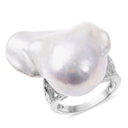 Baroque Pearl and Natural White Cambodian Zircon Ring in Rhodium Overlay Sterling Silver