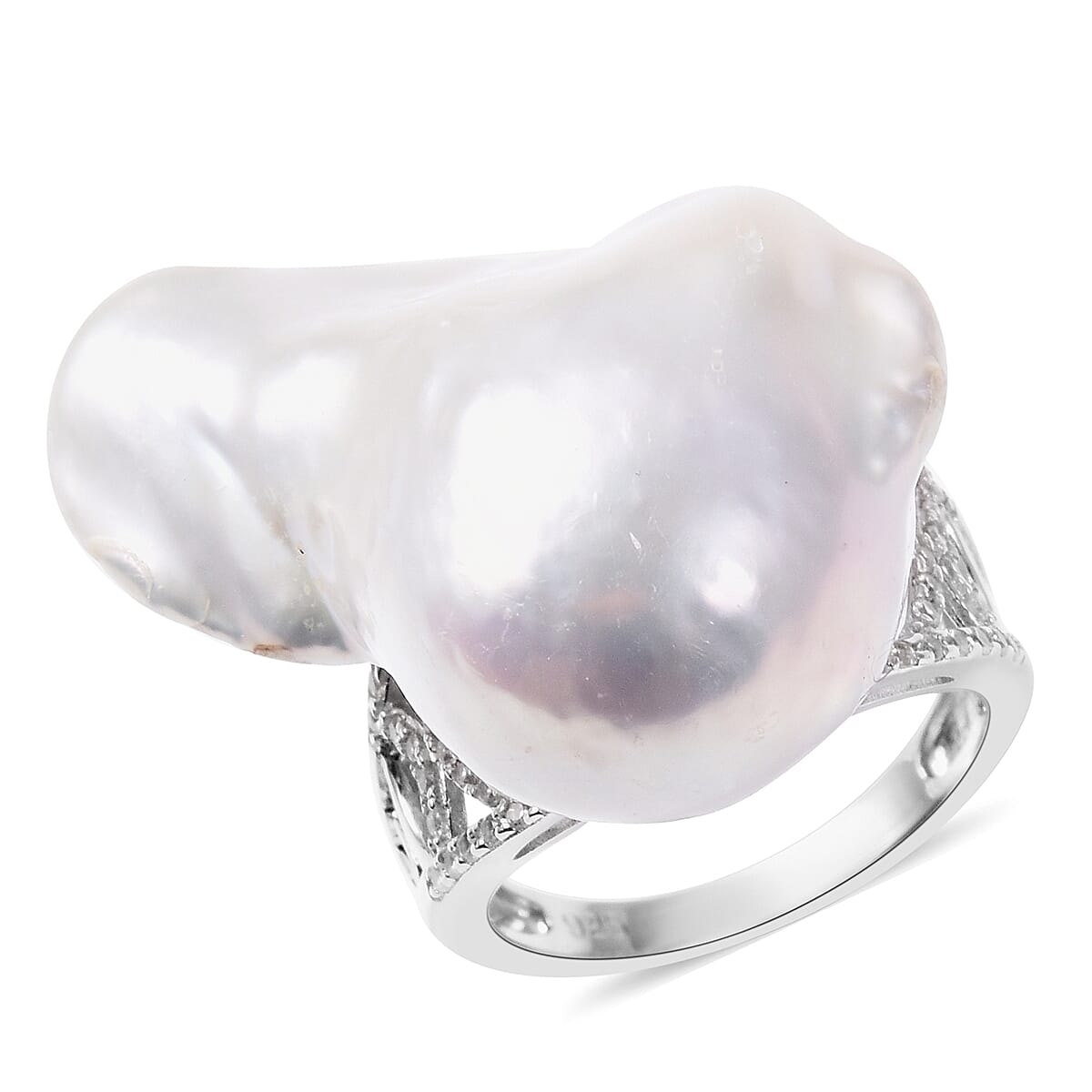 Baroque Freshwater Pearl and Natural White Cambodian Zircon Solitaire Ring in Rhodium Plated Silver 3516118 0
