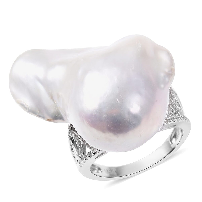 Baroque Pearl and Natural White Cambodian Zircon Ring in Rhodium Overlay Sterling Silver