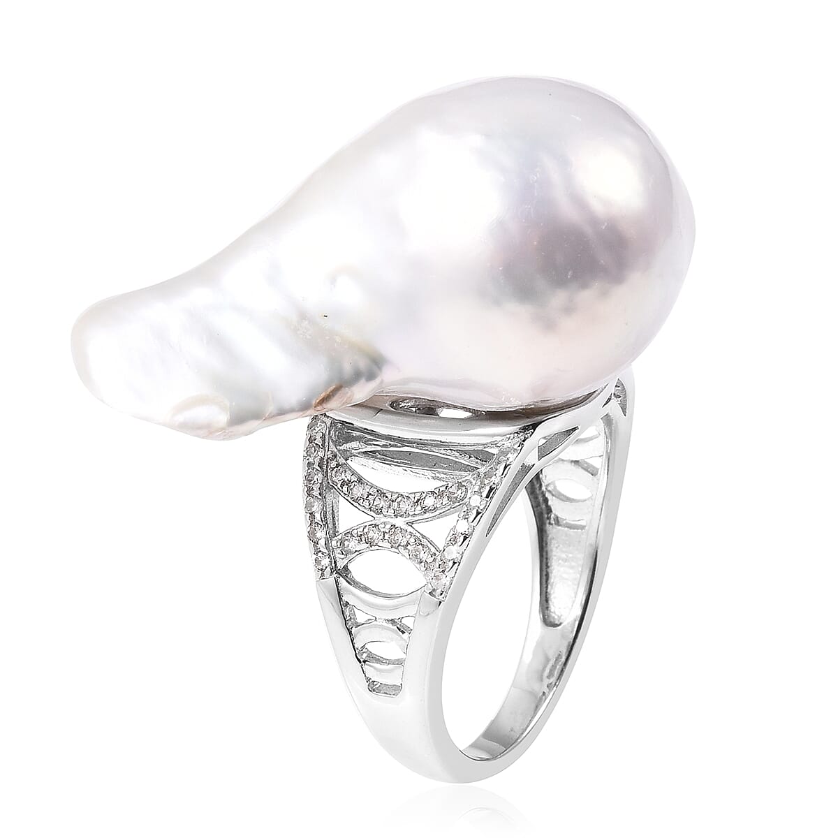 Baroque Freshwater Pearl and Natural White Cambodian Zircon Solitaire Ring in Rhodium Plated Silver 3516118 2
