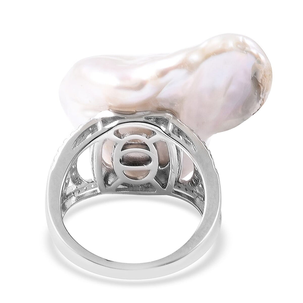 Baroque Pearl and Natural White Cambodian Zircon Ring in Rhodium Overlay Sterling Silver