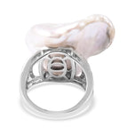 Baroque Pearl and Natural White Cambodian Zircon Ring in Rhodium Overlay Sterling Silver