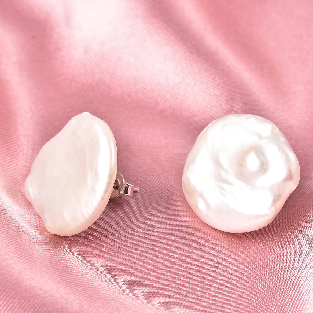 Baroque White Pearl Stud Earrings (with Push Back) in Rhodium Overlay Sterling Silver