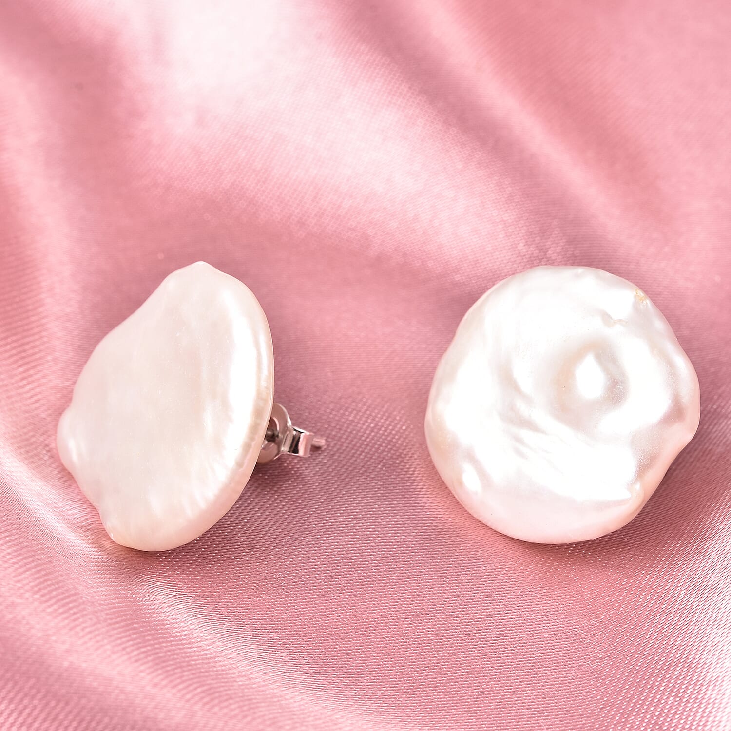 Baroque White Pearl Stud Earrings (with Push Back) in Rhodium Overlay Sterling Silver 3658058 1