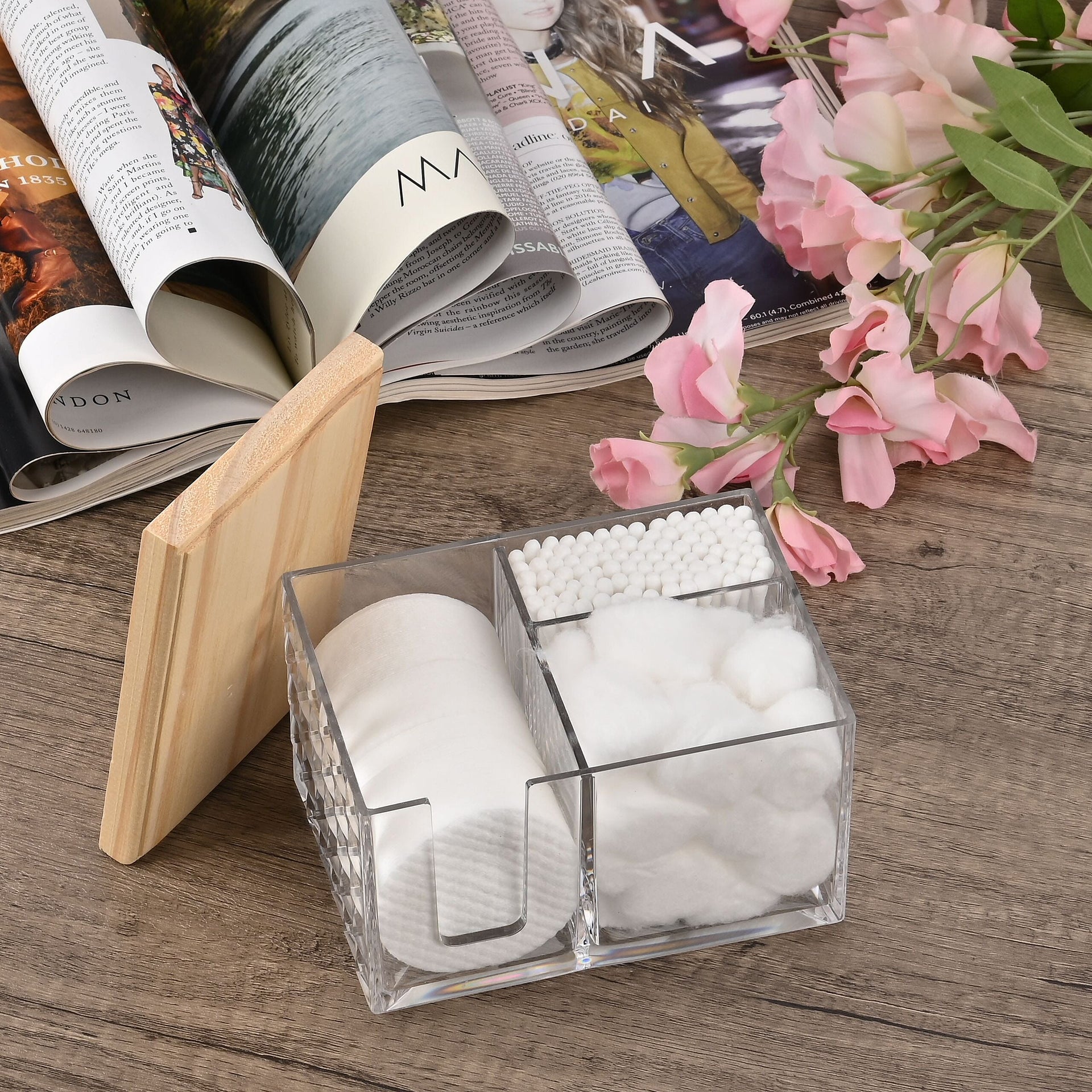 Eco-Friendly Bath Collection - Cotton Balls, Swabs, and Pads in A Stylish Plastic Tray with A Wooden Lid 7581342 1