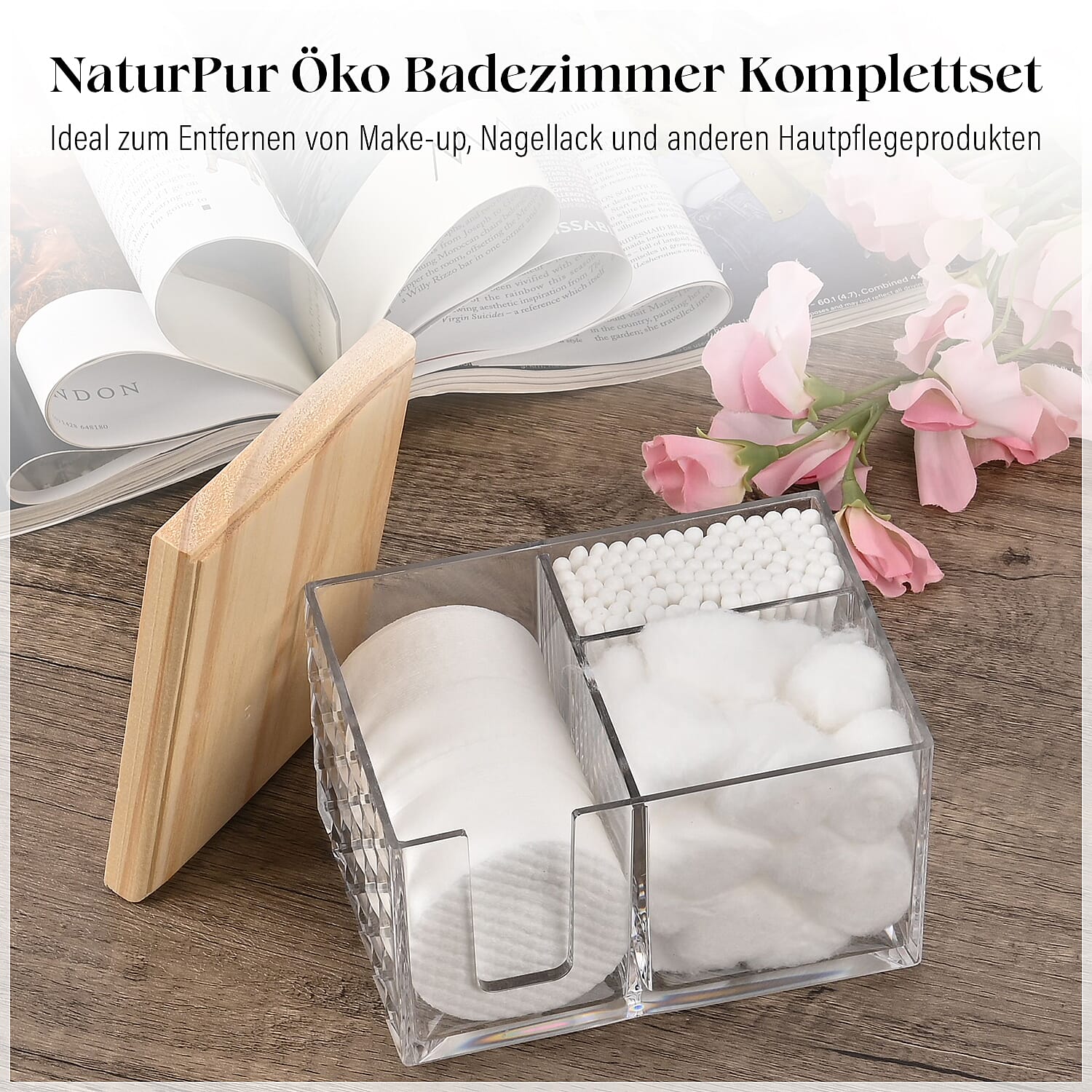 Eco-Friendly Bath Collection - Cotton Balls, Swabs, and Pads in A Stylish Plastic Tray with A Wooden Lid 7581342 4