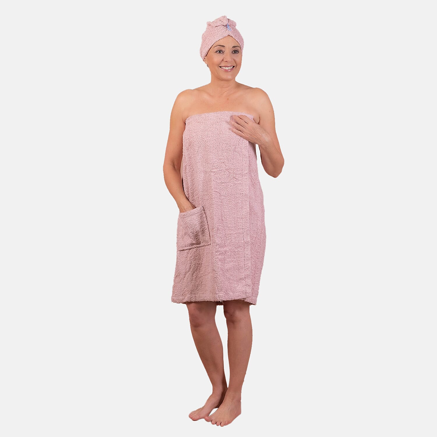 100% Cotton Womens Shower Body Wrap with Hair Cap (Size 138x78x1 cm) - Pink 7173867 0