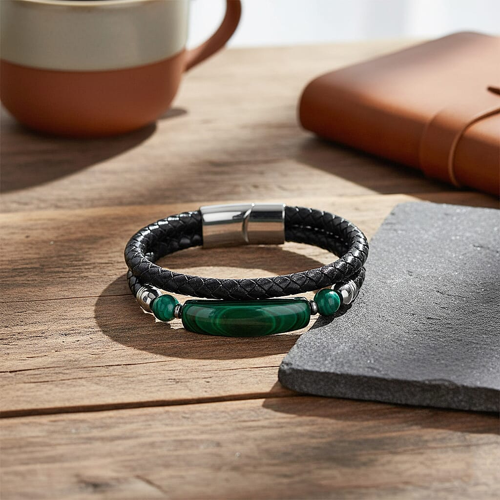 Close Out Deal- Natural Malachite Bracelet (Size 7) In Genuine Leather 77.00 Ct. 8315807 1