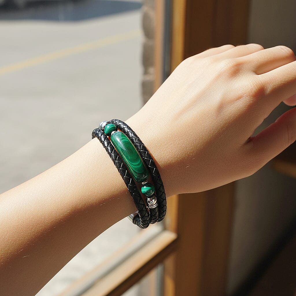 Close Out Deal- Natural Malachite Bracelet (Size 7) In Genuine Leather 77.00 Ct. 8315807 2