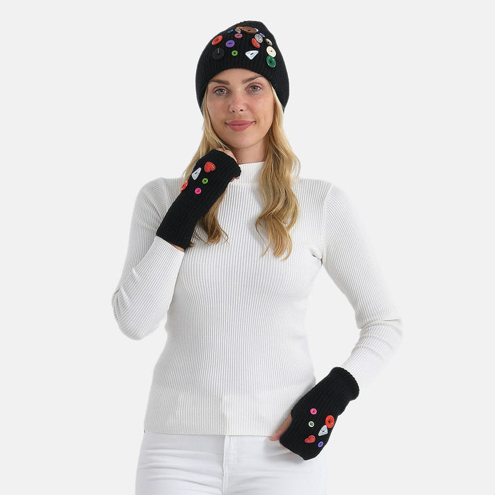 Designer Closeout Deal - Beanie Hat &amp; Fingerless Glove Set with Colourful Button Accents - Black 8205084 1