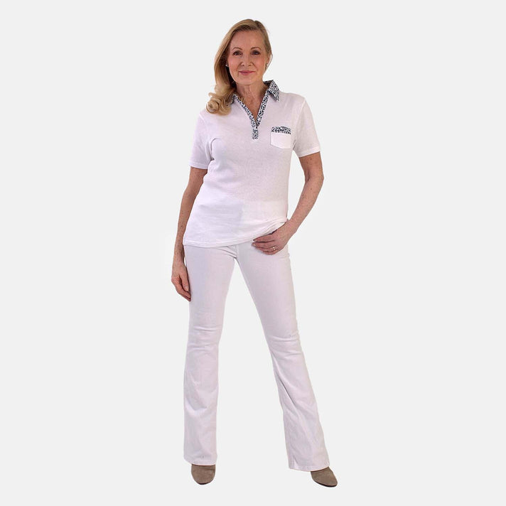 Beaumonde Ladies Short Sleeve Polo With Woven Floral Print Collar (Size M, 12 to 14) - White 8502667 1