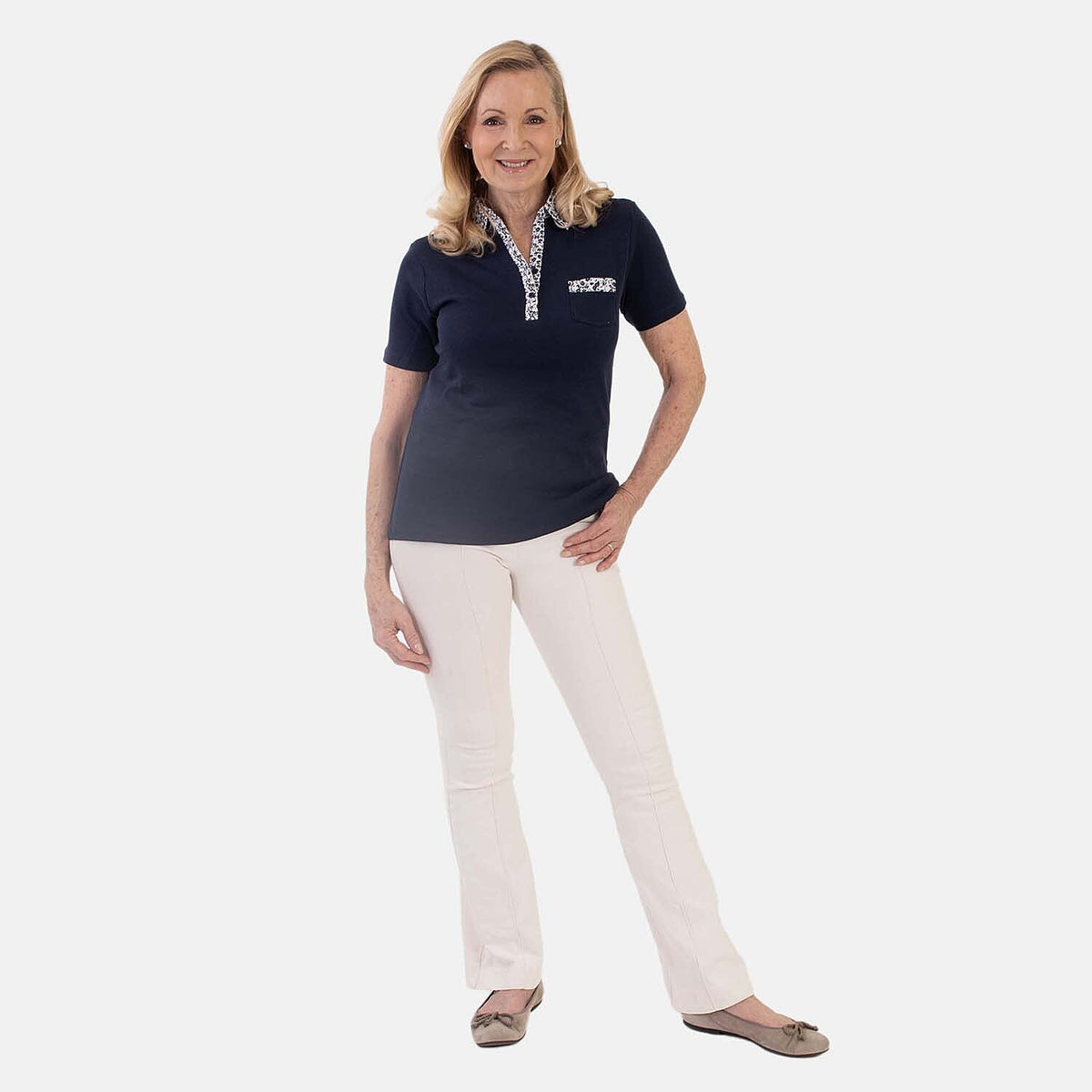 Beaumonde Ladies Short Sleeve Polo With Woven Floral Print Collar (Size L, 16 to 18) - Navy V32549399 0