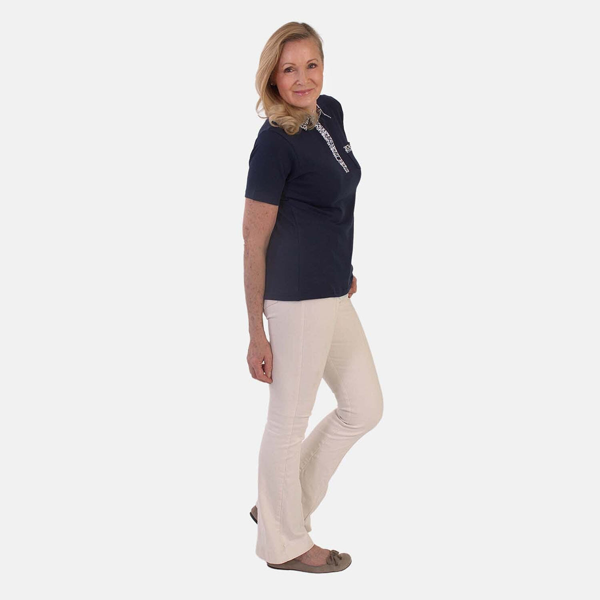 Beaumonde Ladies Short Sleeve Polo With Woven Floral Print Collar (Size L, 16 to 18) - Navy V32549399 1