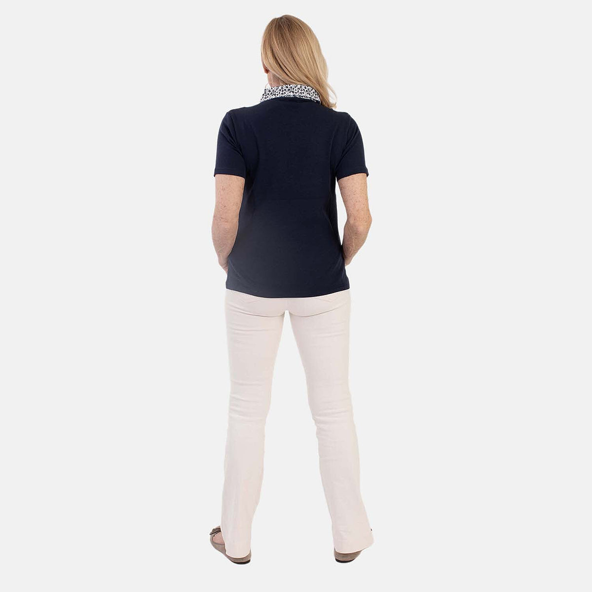 Beaumonde Ladies Short Sleeve Polo With Woven Floral Print Collar (Size L, 16 to 18) - Navy V32549399 2