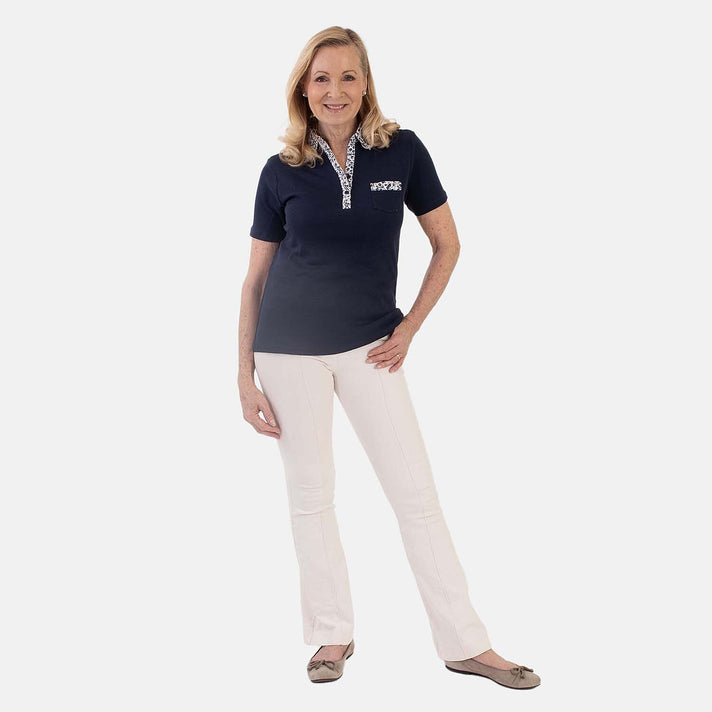 Beaumonde Ladies Short Sleeve Polo With Woven Floral Print Collar (Size S, 8 to 10) - Navy 8502673 1