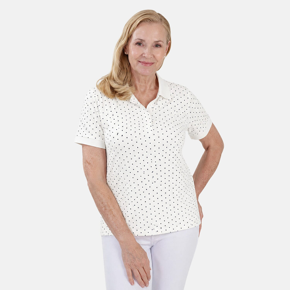 Beaumonde Ladies Short Sleeve Spot Printed Single Jersey Polo Tee (Size L, 16-18) - White V32526628 0