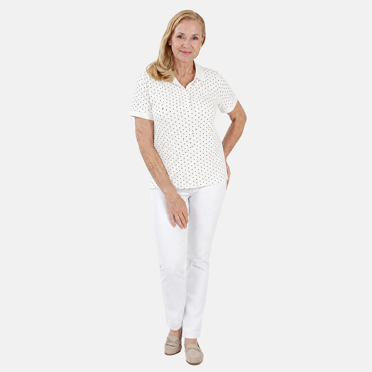 Beaumonde Ladies Short Sleeve Spot Printed Single Jersey Polo Tee (Size L, 16-18) - White V32526628 2