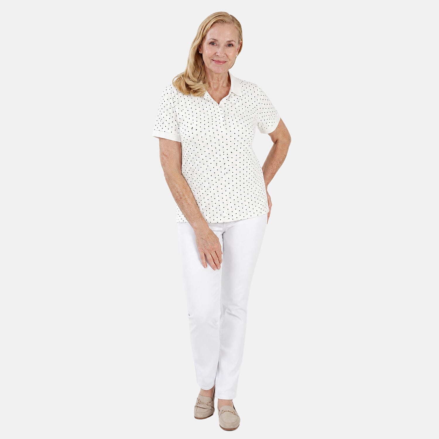 Beaumonde Ladies Short Sleeve Spot Printed Single Jersey Polo Tee (Size L, 16-18) - White V32526628 2