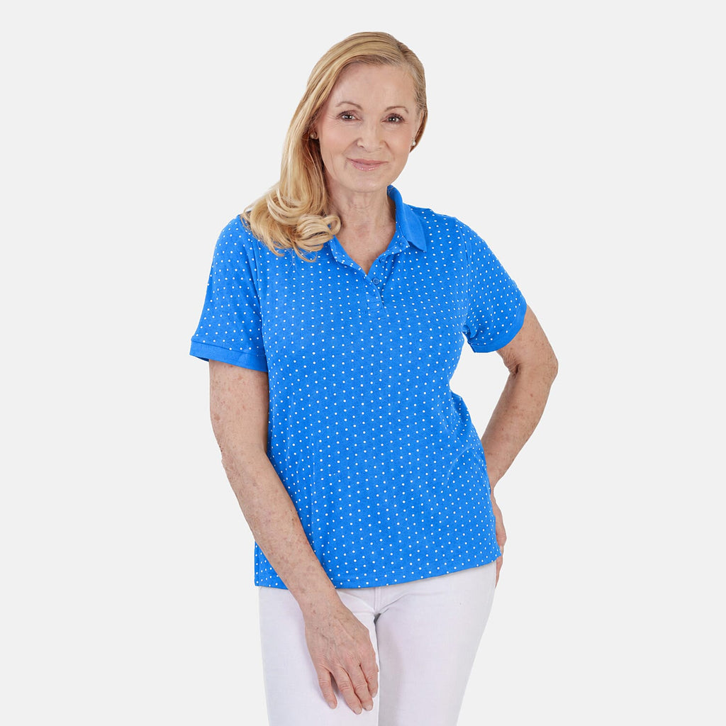 Beaumonde Ladies Short Sleeve Spot Printed Single Jersey Polo Tee (Size M, 12-14) - Blue