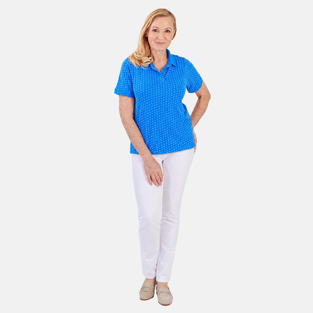 Beaumonde Ladies Short Sleeve Spot Printed Single Jersey Polo Tee (Size M, 12-14) - Blue