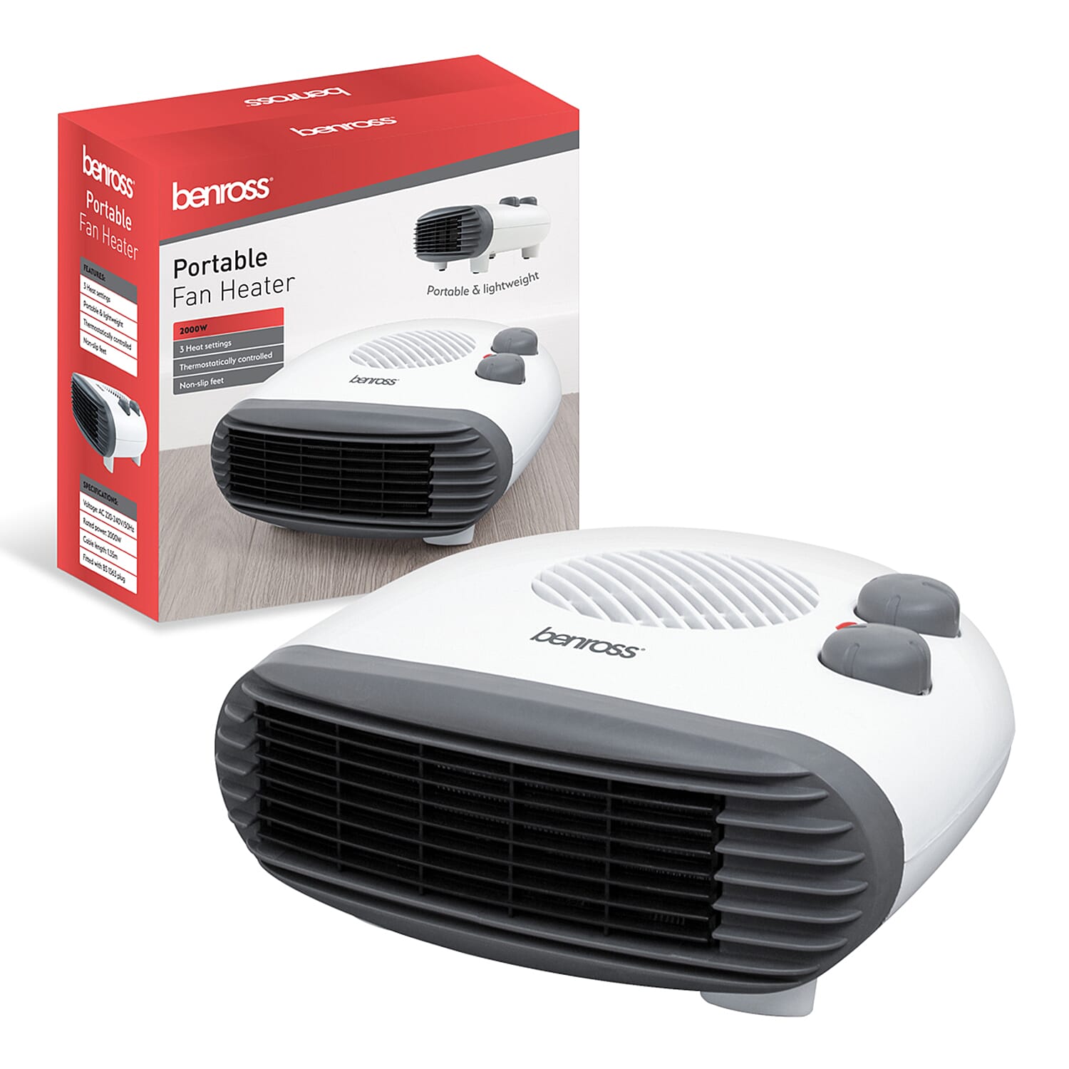 Benross Low Noise Heater Featuring Both Heating and Cooling Options with 3 Temperature Settings (Heat Output 2KW) - White and Grey 7681937 0