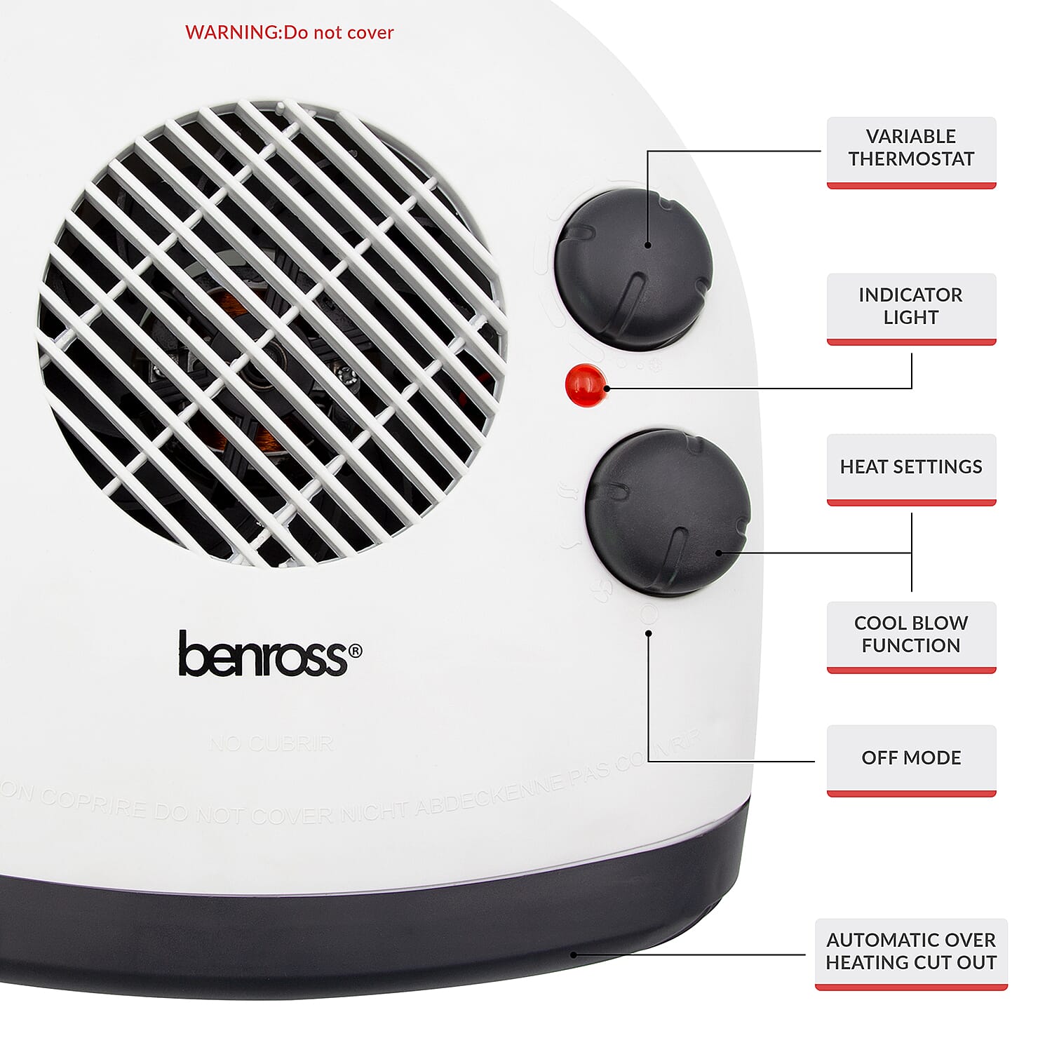 Benross Low Noise Heater Featuring Both Heating and Cooling Options with 3 Temperature Settings (Heat Output 2KW) - White and Grey 7681937 5