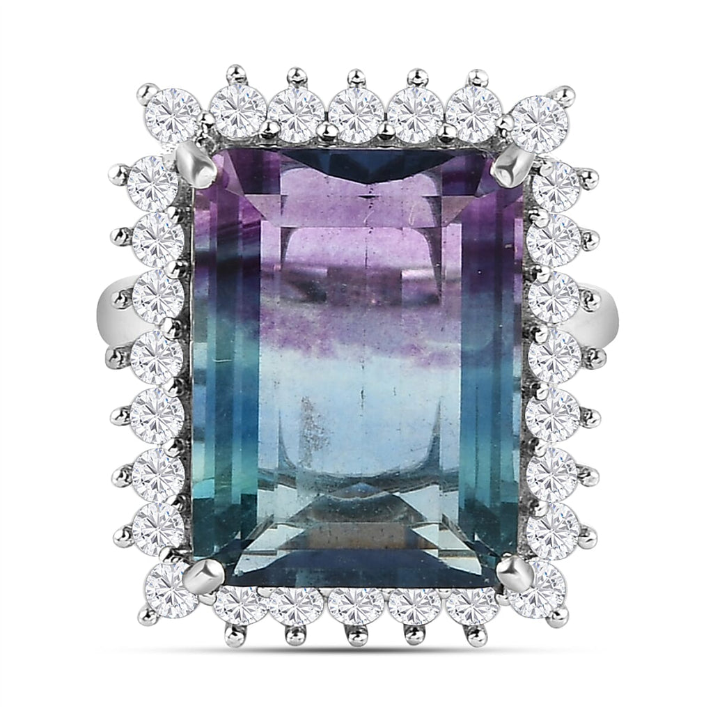 Bi Colour Fluorite and Natural Zircon Halo Ring in Platinum Overlay Sterling Silver 16.51 Ct.