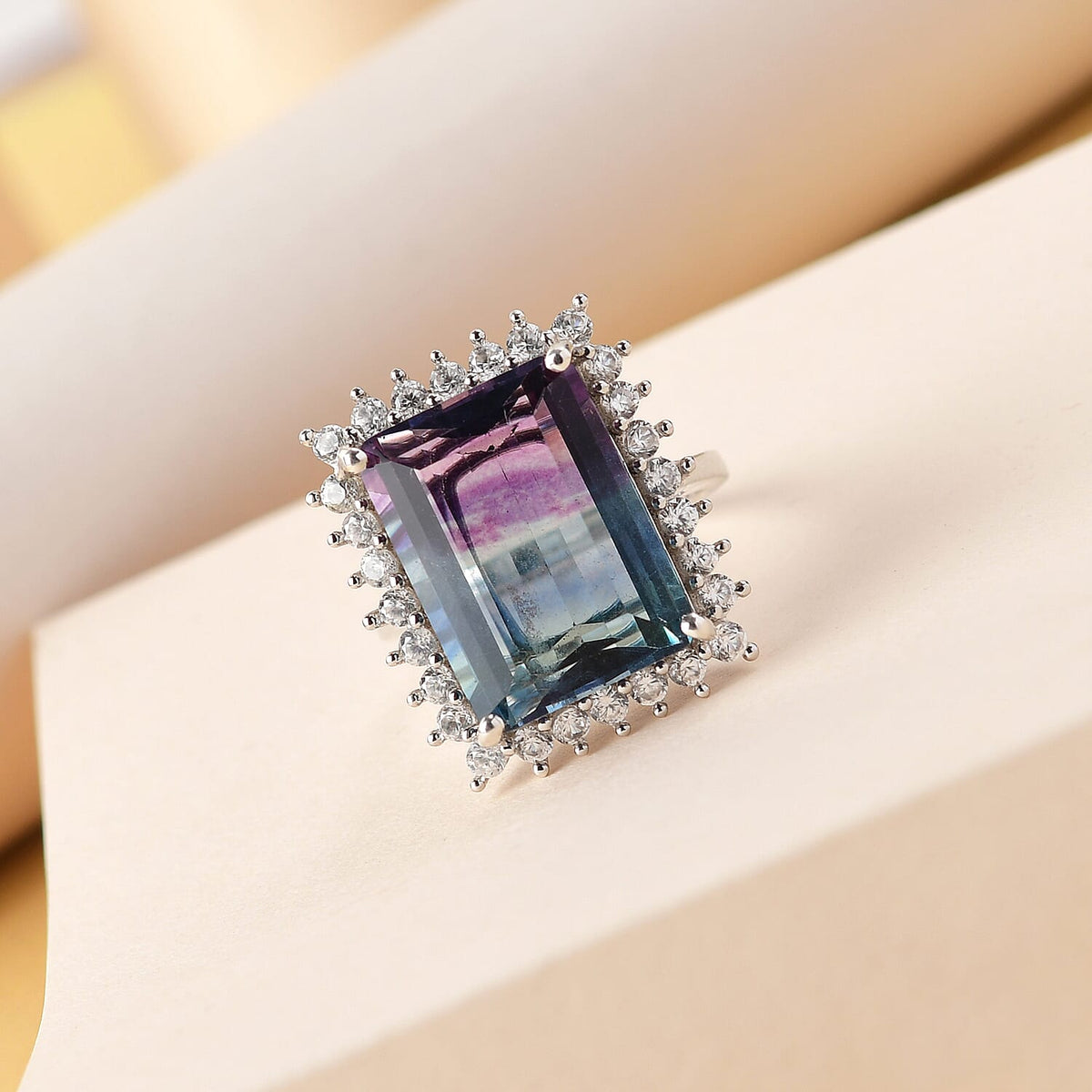 Bi Colour Fluorite and Natural Zircon Halo Ring in Platinum Overlay Sterling Silver 16.51 Ct. 8858345 2