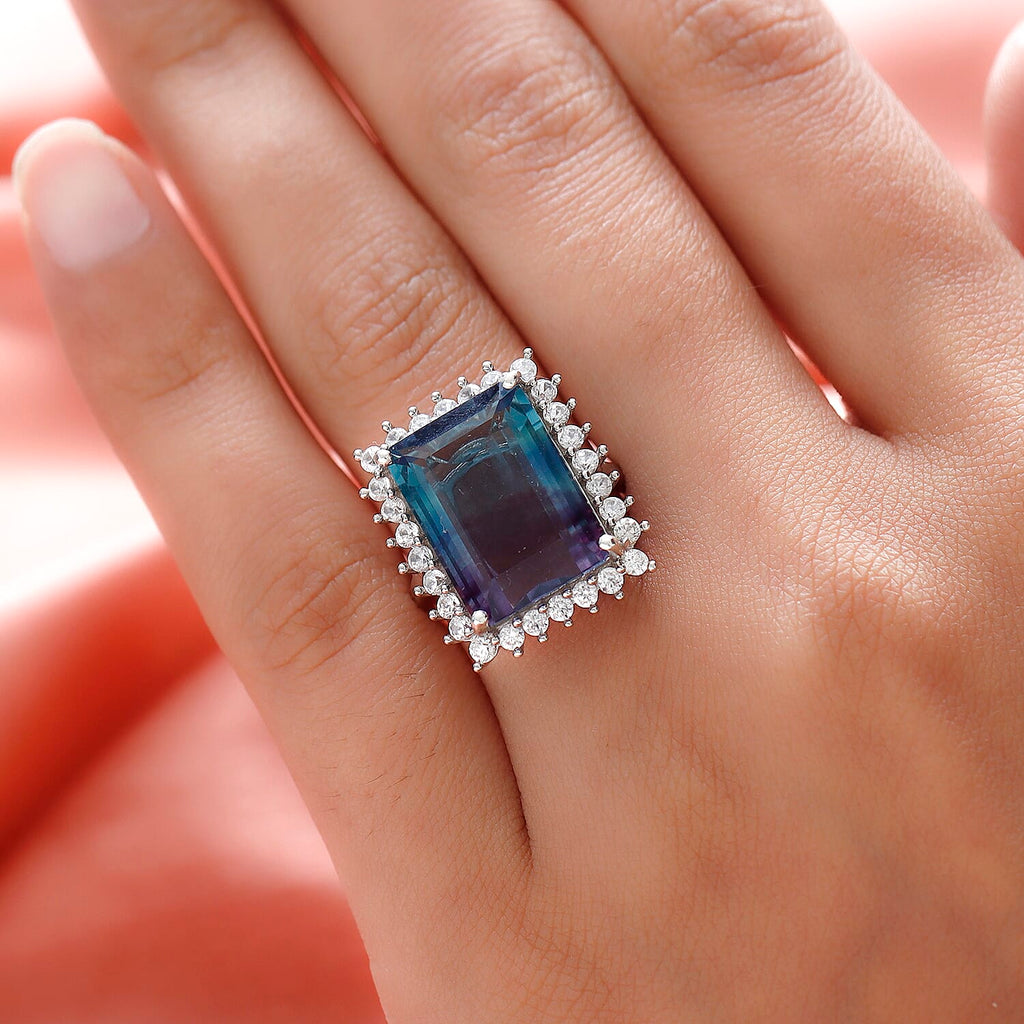Bi Colour Fluorite and Natural Zircon Halo Ring in Platinum Overlay Sterling Silver 16.51 Ct.