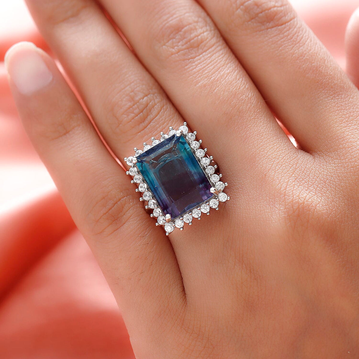 Bi Colour Fluorite and Natural Zircon Halo Ring in Platinum Overlay Sterling Silver 16.51 Ct. 8858345 3