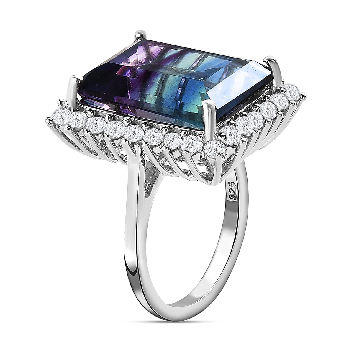 Bi Colour Fluorite and Natural Zircon Halo Ring in Platinum Overlay Sterling Silver 16.51 Ct. 8858345 4