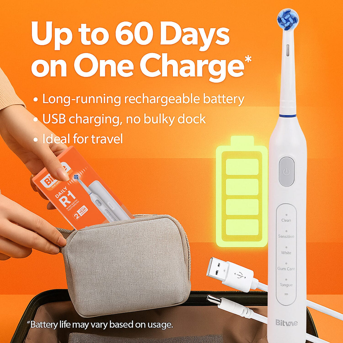 Bitvae: Rotating Electric Toothbrush with 60-Day Battery Life | 5 Modes, USB Charging, 2-Minute Smart Timer and 8 Dupont Brush Heads (IPX7)- WHITE 8243723 4
