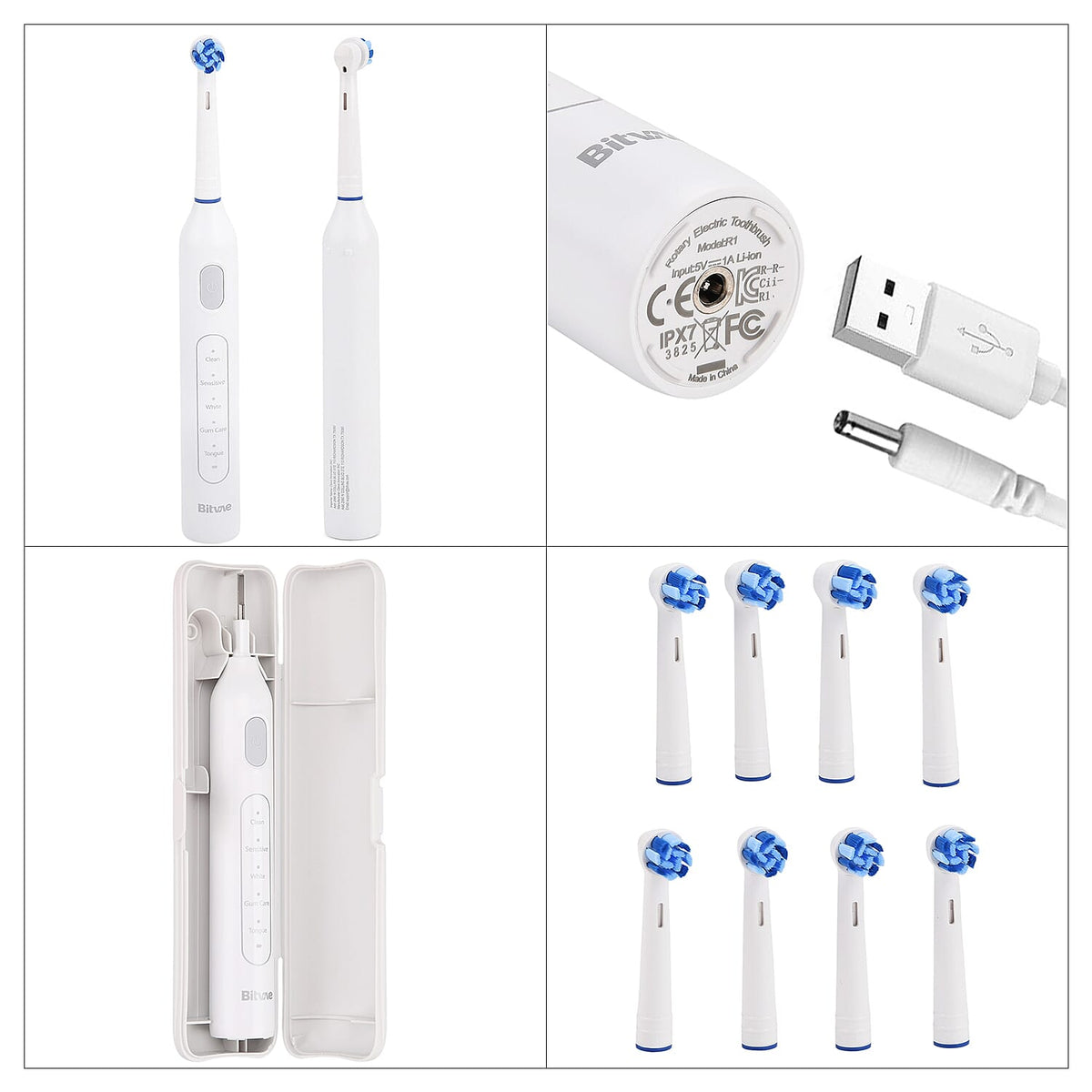 Bitvae: Rotating Electric Toothbrush with 60-Day Battery Life | 5 Modes, USB Charging, 2-Minute Smart Timer and 8 Dupont Brush Heads (IPX7)- WHITE 8243723 9