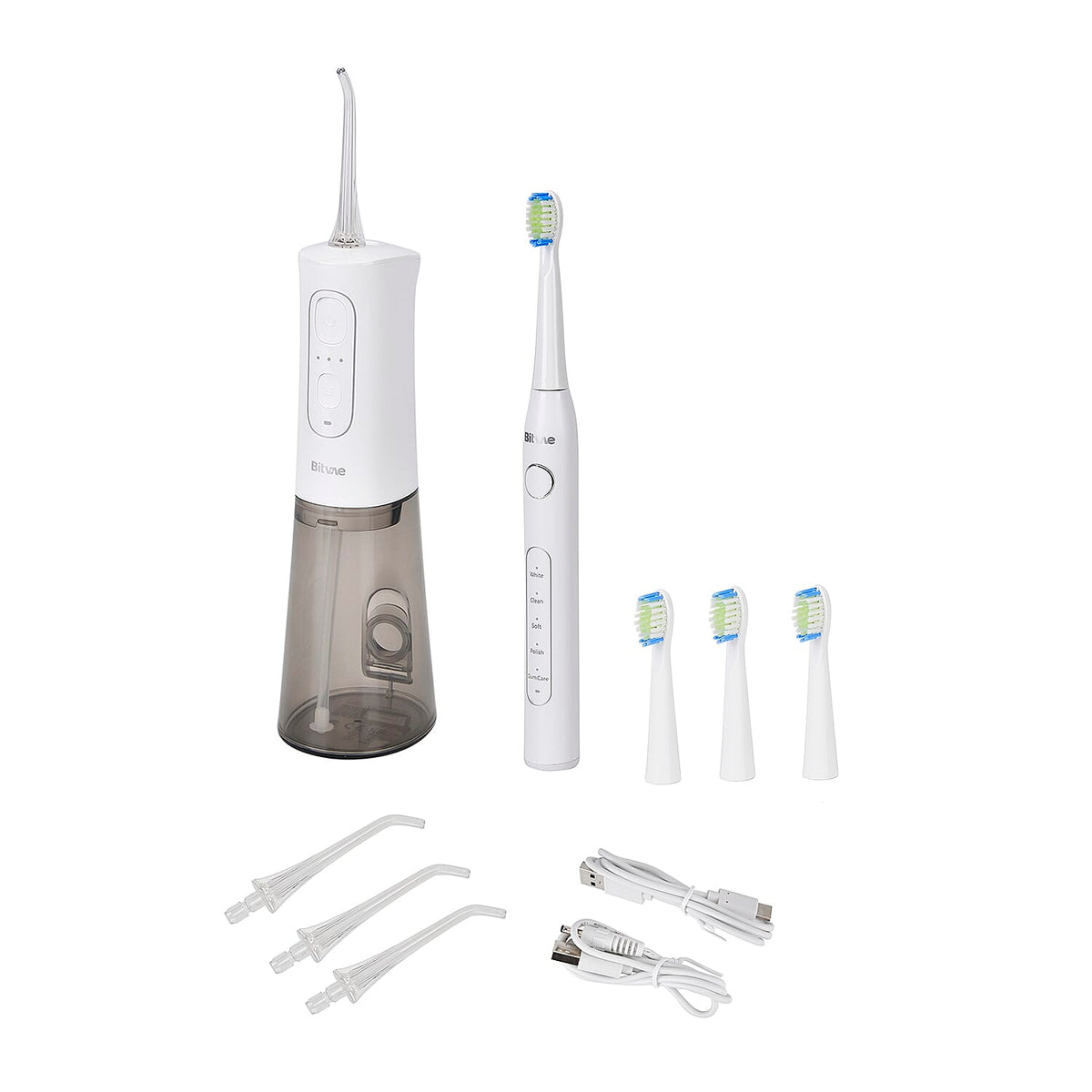 Bitvae Set of Sonic Toothbrush With 4 Replacement Heads, 5 Modes &amp; Smart Timer With Water Flosser With 4 Replacent Heads - White 7797963 0
