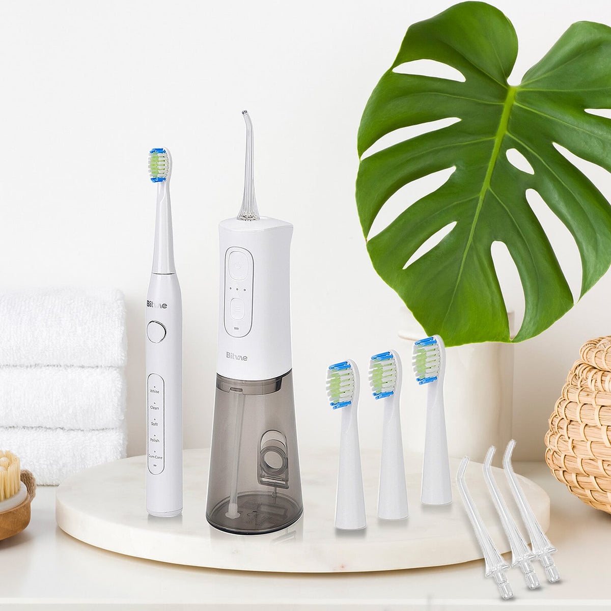 Bitvae Set of Sonic Toothbrush With 4 Replacement Heads, 5 Modes &amp; Smart Timer With Water Flosser With 4 Replacent Heads - White 7797963 4
