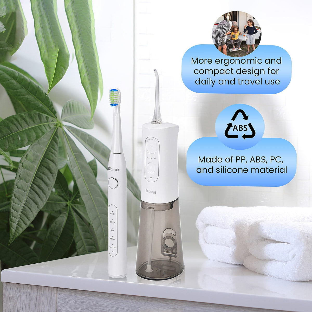 Bitvae Set of Sonic Toothbrush With 4 Replacement Heads, 5 Modes &amp; Smart Timer With Water Flosser With 4 Replacent Heads - White 7797963 12