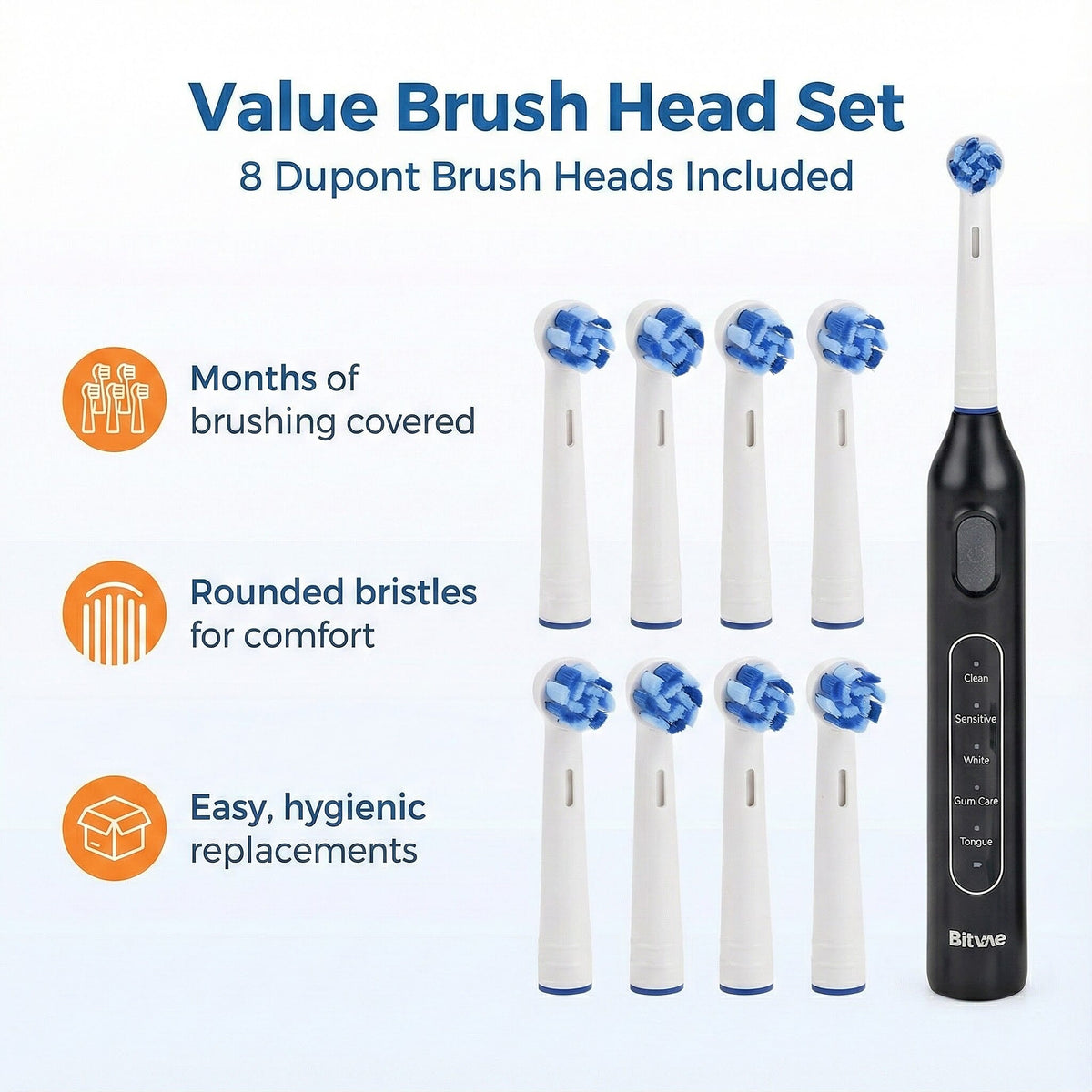 Bitvae: Rotating Electric Toothbrush with 60-Day Battery Life | 5 Modes, USB Charging, 2-Minute Smart Timer and 8 Dupont Brush Heads (IPX7) - Black 8243724 4