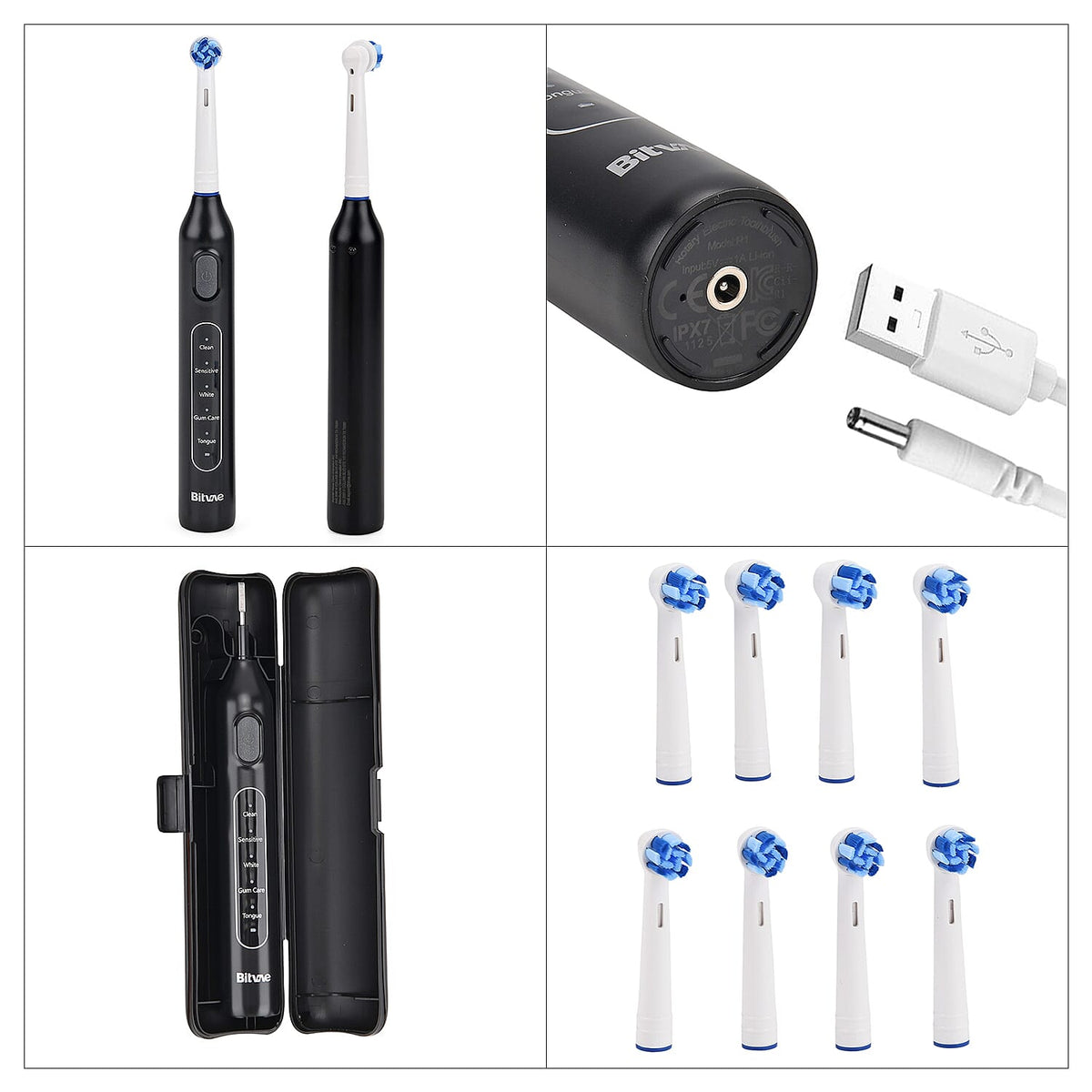 Bitvae: Rotating Electric Toothbrush with 60-Day Battery Life | 5 Modes, USB Charging, 2-Minute Smart Timer and 8 Dupont Brush Heads (IPX7) - Black 8243724 9