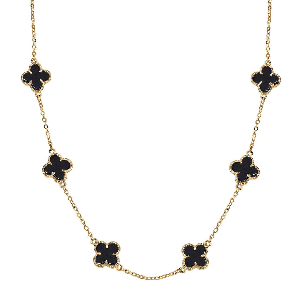 One Time Closeout - Designer Inspired Black Agate Clover Motifs Necklace (Size - 20) in Yellow Gold Tone