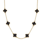 One Time Closeout - Designer Inspired Black Agate Clover Motifs Necklace (Size - 20) in Yellow Gold Tone