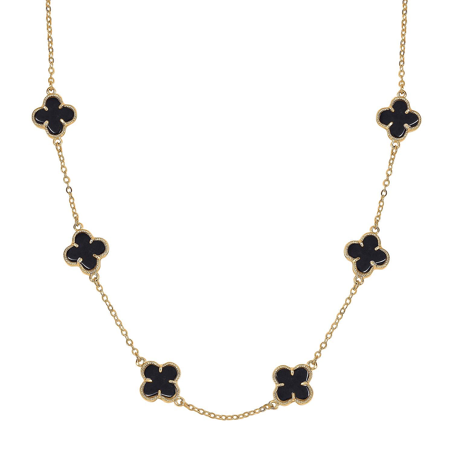 One Time Closeout - Designer Inspired Black Agate Clover Motifs Necklace (Size - 20) in Yellow Gold Tone 7668436 0