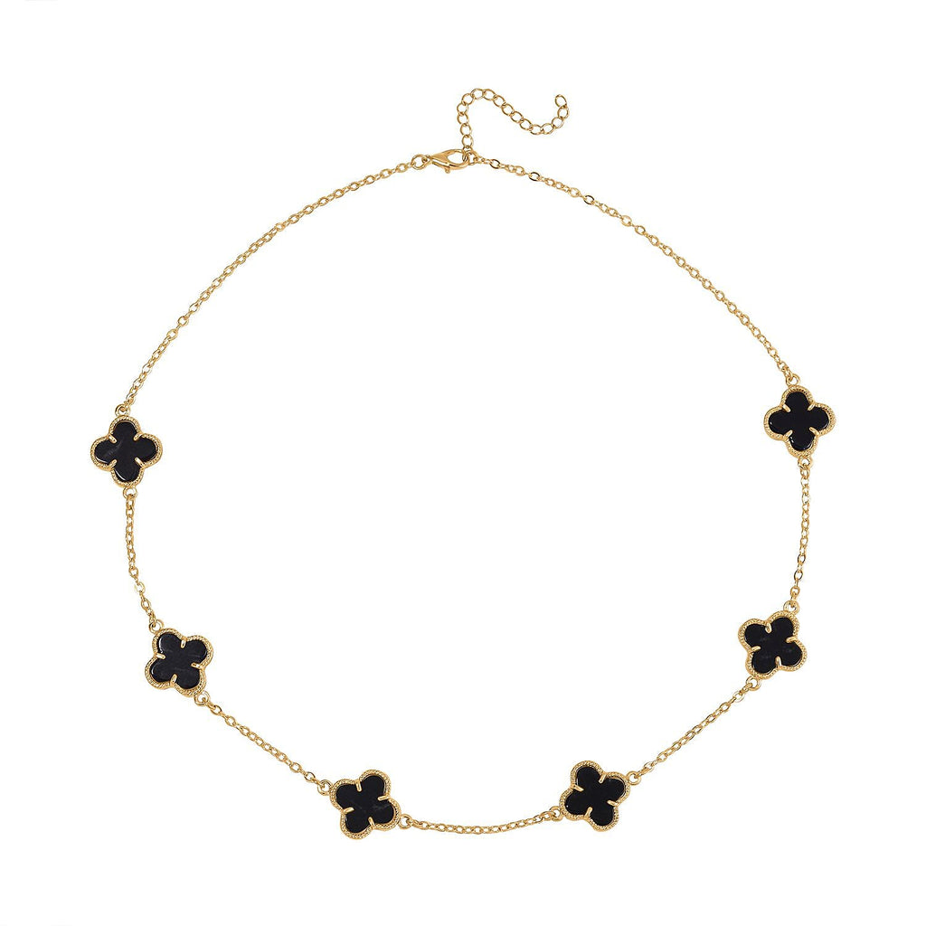 One Time Closeout - Designer Inspired Black Agate Clover Motifs Necklace (Size - 20) in Yellow Gold Tone