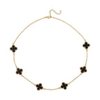 One Time Closeout - Designer Inspired Black Agate Clover Motifs Necklace (Size - 20) in Yellow Gold Tone