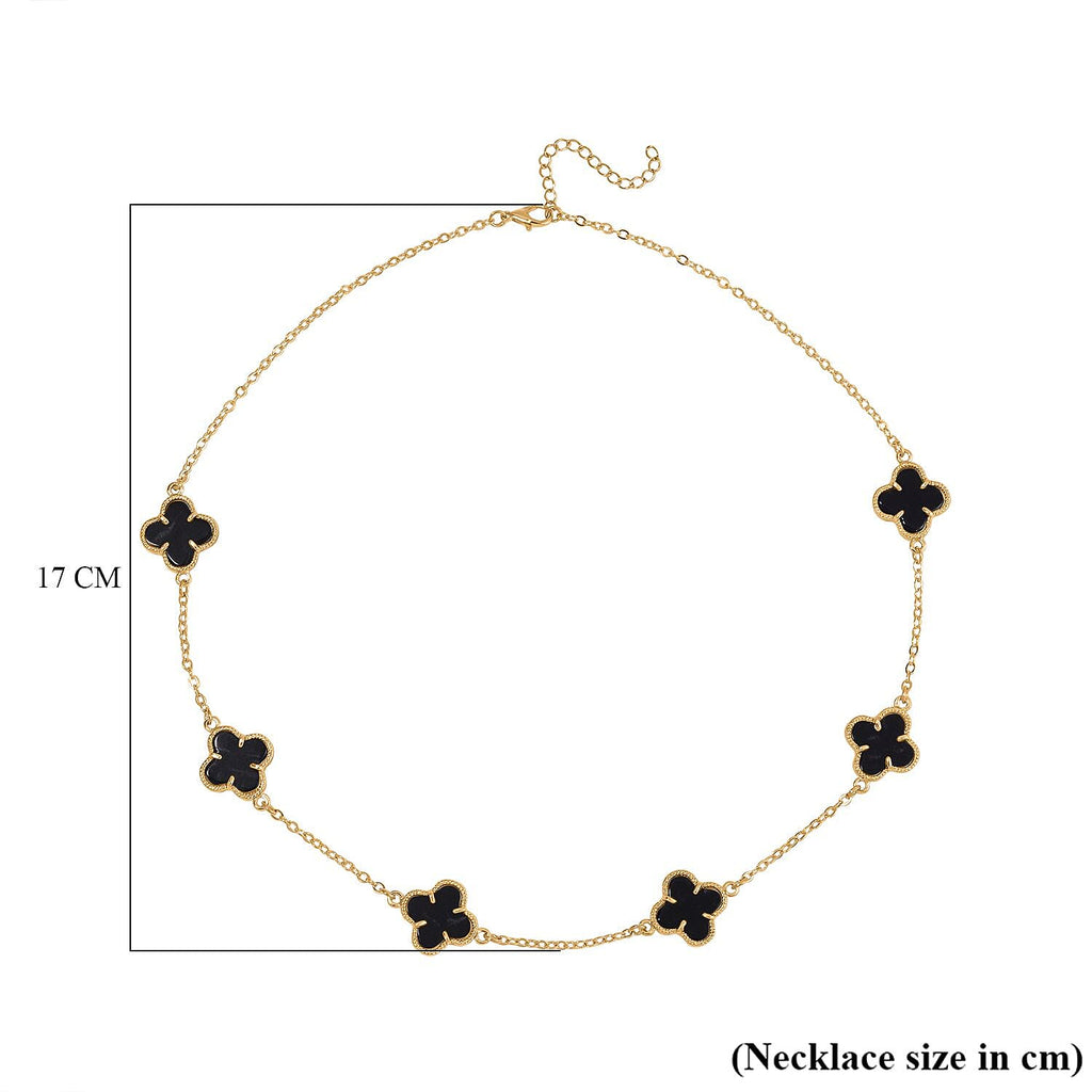 One Time Closeout - Designer Inspired Black Agate Clover Motifs Necklace (Size - 20) in Yellow Gold Tone