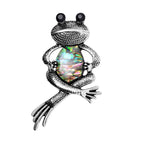 Black Austrian Crystal Abalone Shell Frog Brooch in Antique Silver Tone
