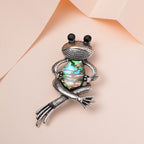 Black Austrian Crystal Abalone Shell Frog Brooch in Antique Silver Tone